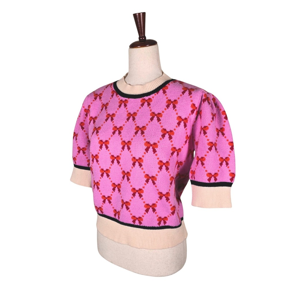 THML Sweater Size M Pink & Red Crop Bows Coquette Kawaii Romantic Maximalism